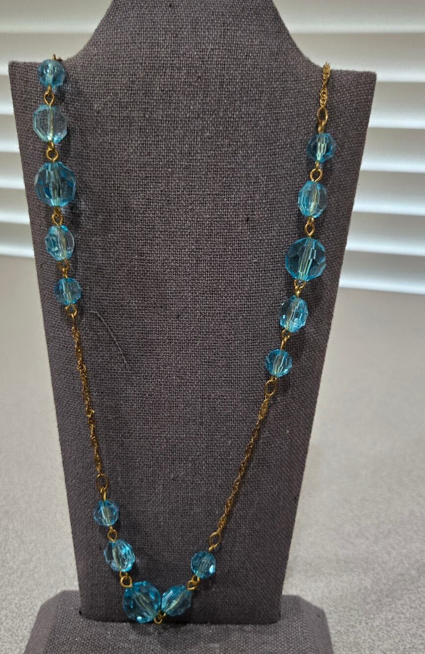 Gold Blue Clear Rounded Beads Infinity Necklace 17"